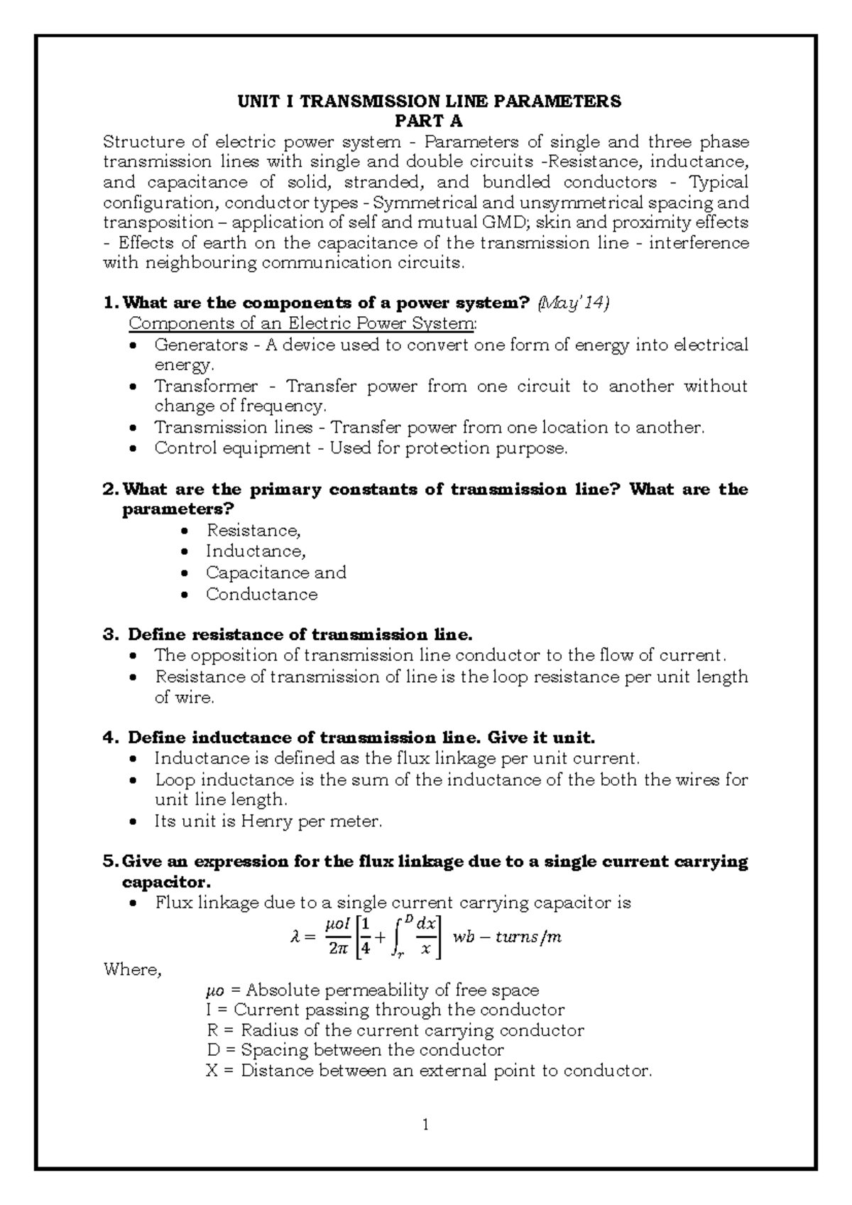 UNIT I: Transmission Line Parameters - Overview and Key Concepts - Studocu