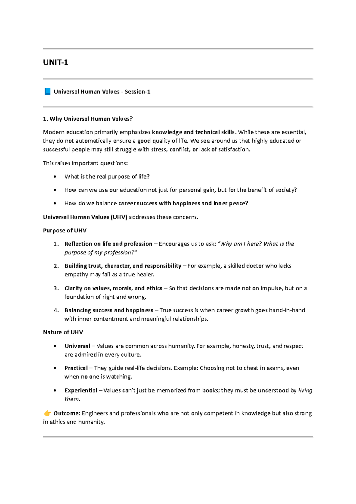 UNIT-1 UHV Notes: Understanding Universal Human Values and Ethics - Studocu