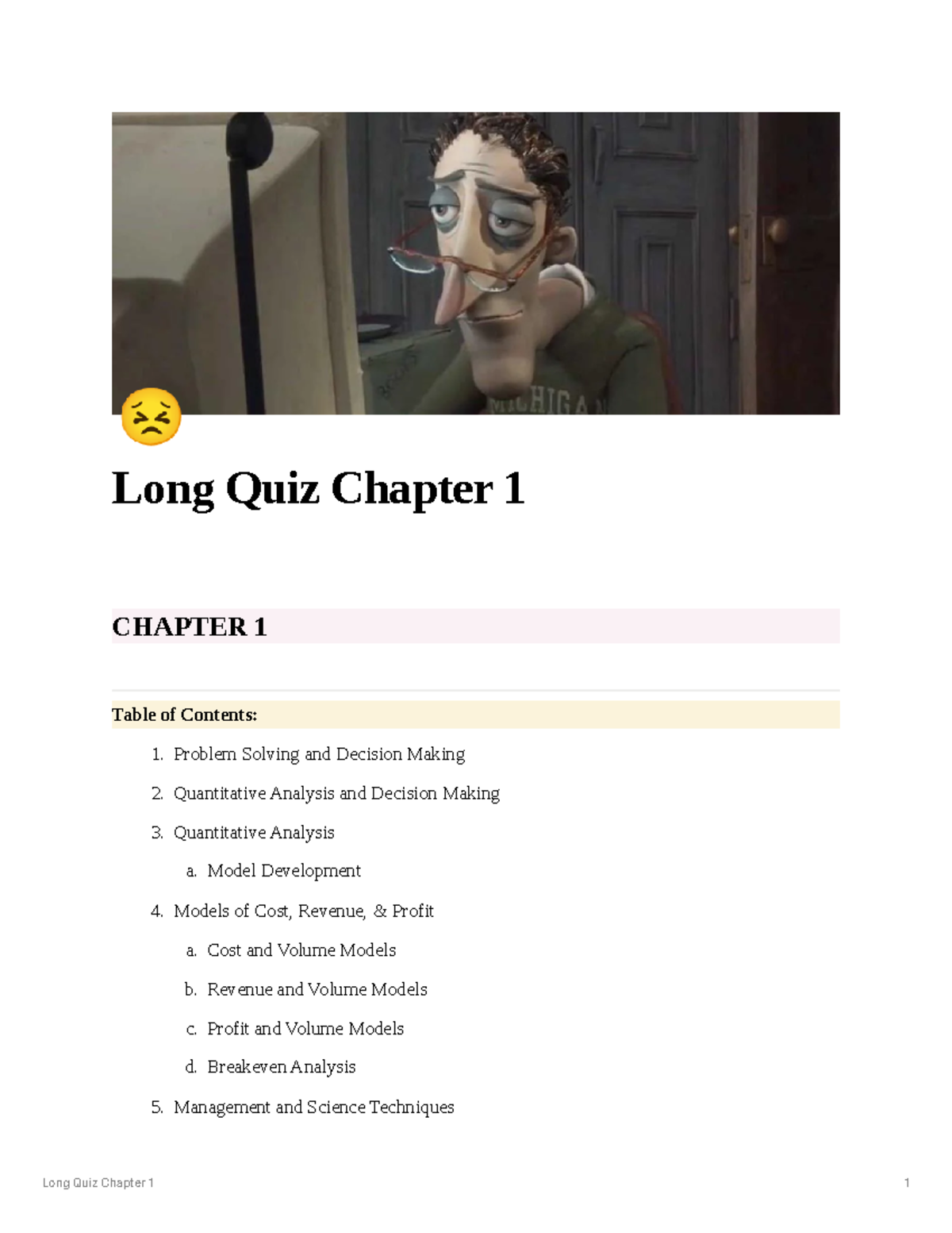 Management Science Chapter 1 - 😣 Long Quiz Chapter 1 CHAPTER 1 Table of ...