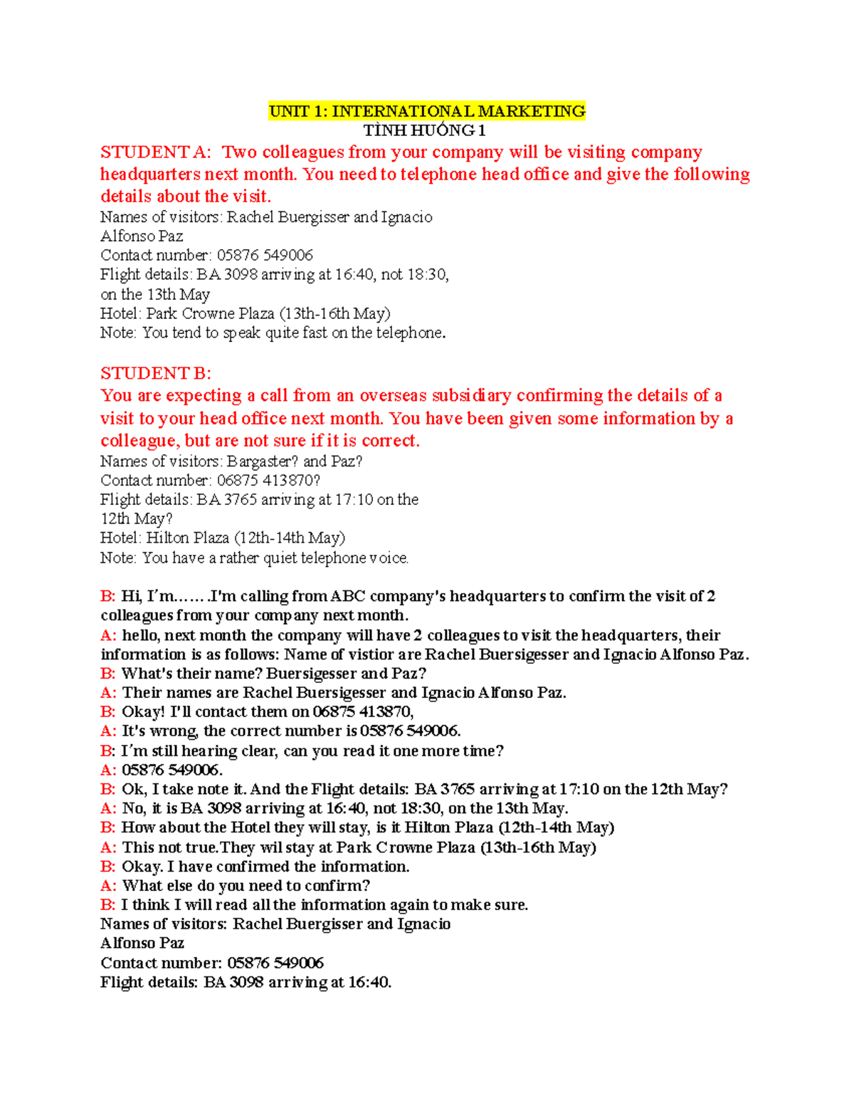 ENM401 ROLE PLAY Speaking 1: Situational Practice in International ...