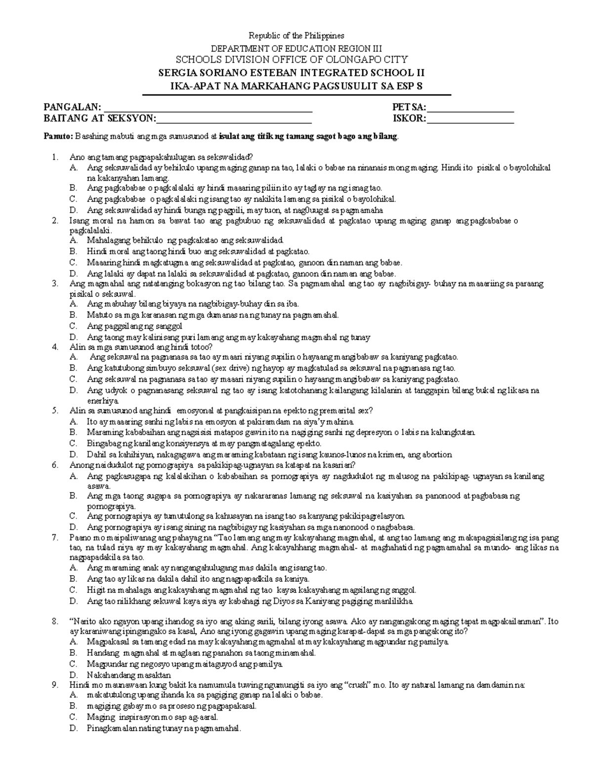 ESP 8 4th Summative Test: Pagsusuri sa Sekswalidad at Pambubulas - Studocu