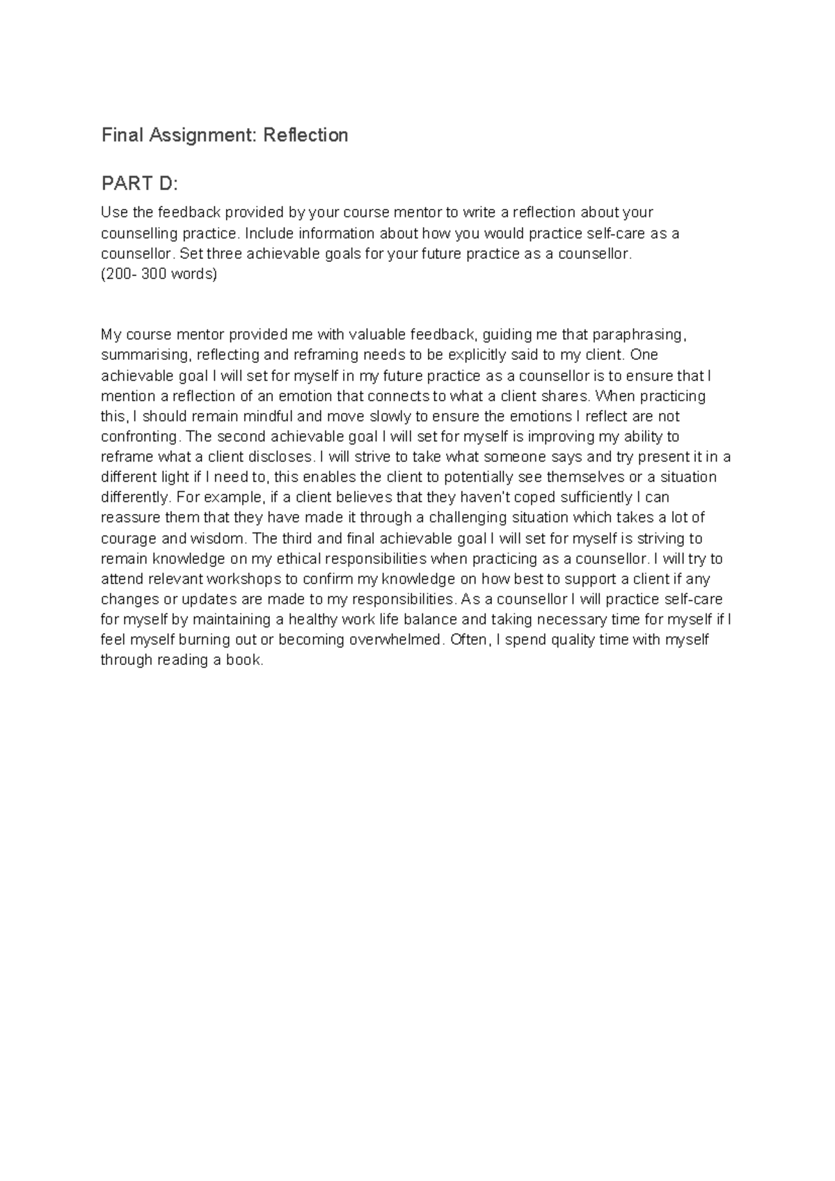 Final Assignment: Reflection on Counselling Practice Goals - Studocu