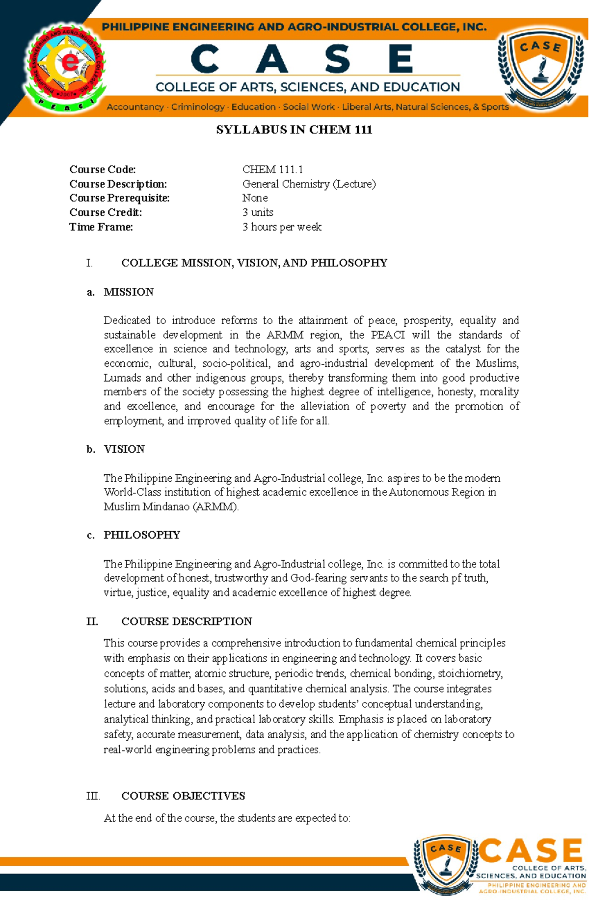CHEM 101 General Chemistry Lecture Syllabus and Course Outline - Studocu