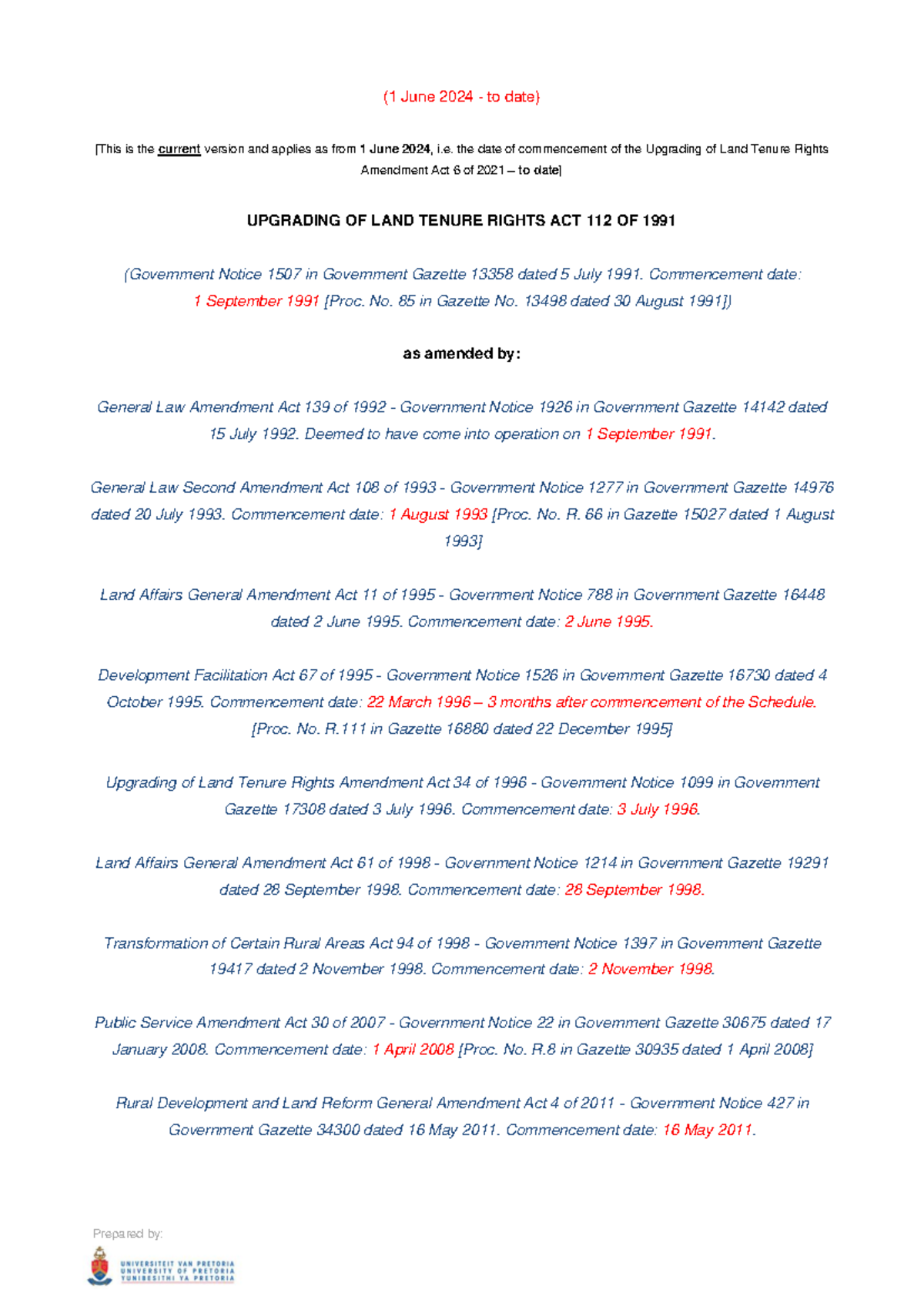 Upgrading of Land Tenure Rights Act 112 of 1991: Current Amendments and ...