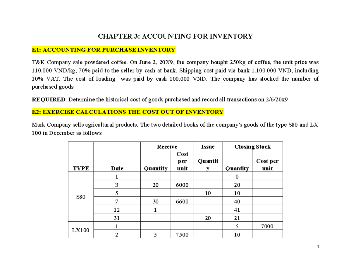 Exercises on Accounting for Inventory - Chapter 3 - Studocu