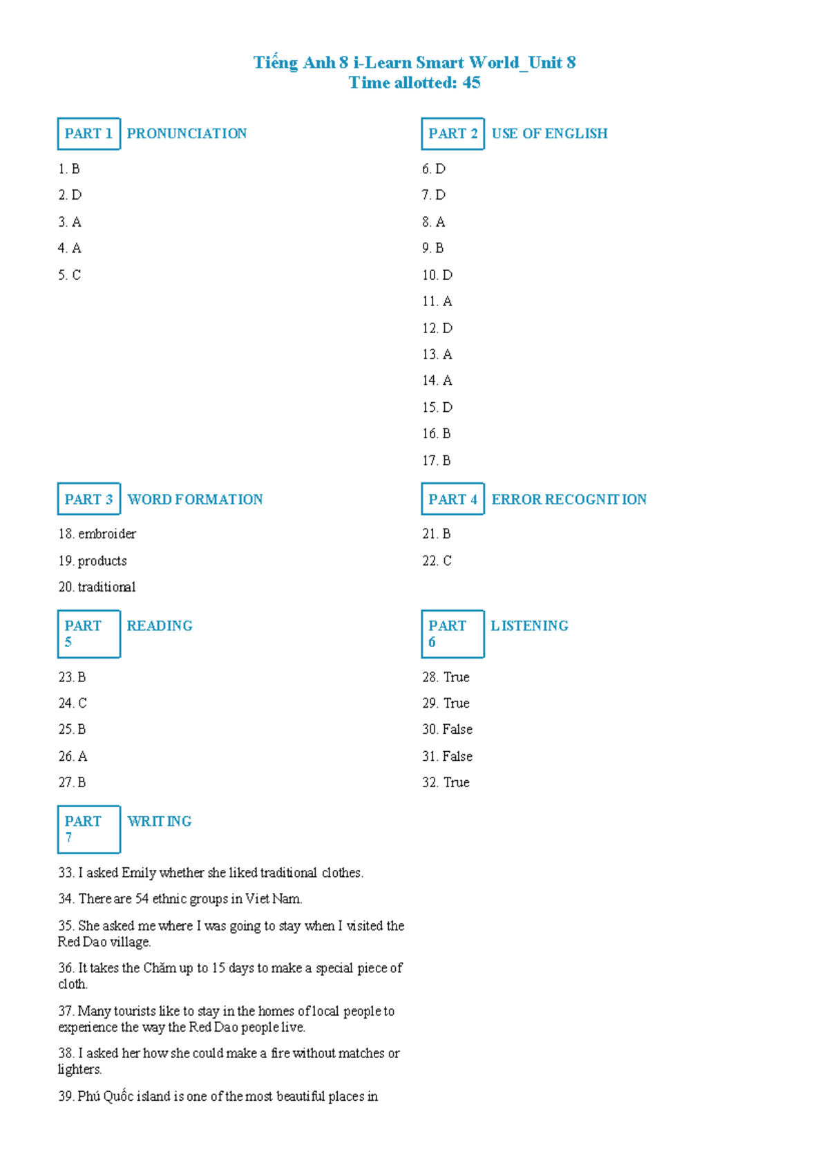 Tiếng Anh 8 Smart World - Unit 8 Answers & Notes - Studocu