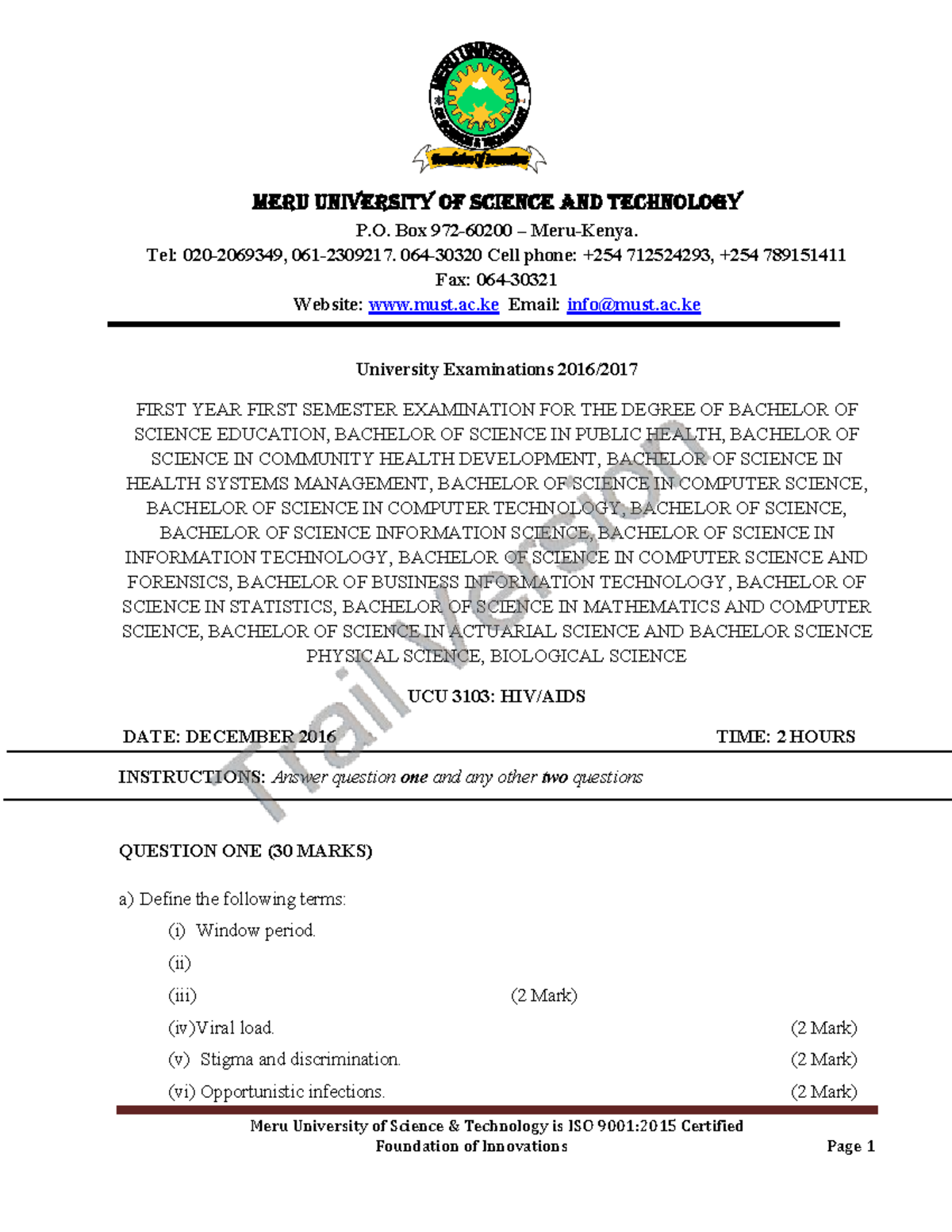 UCU 3103: HIV/AIDS 1 - Past Exam Papers and Questions - Studocu