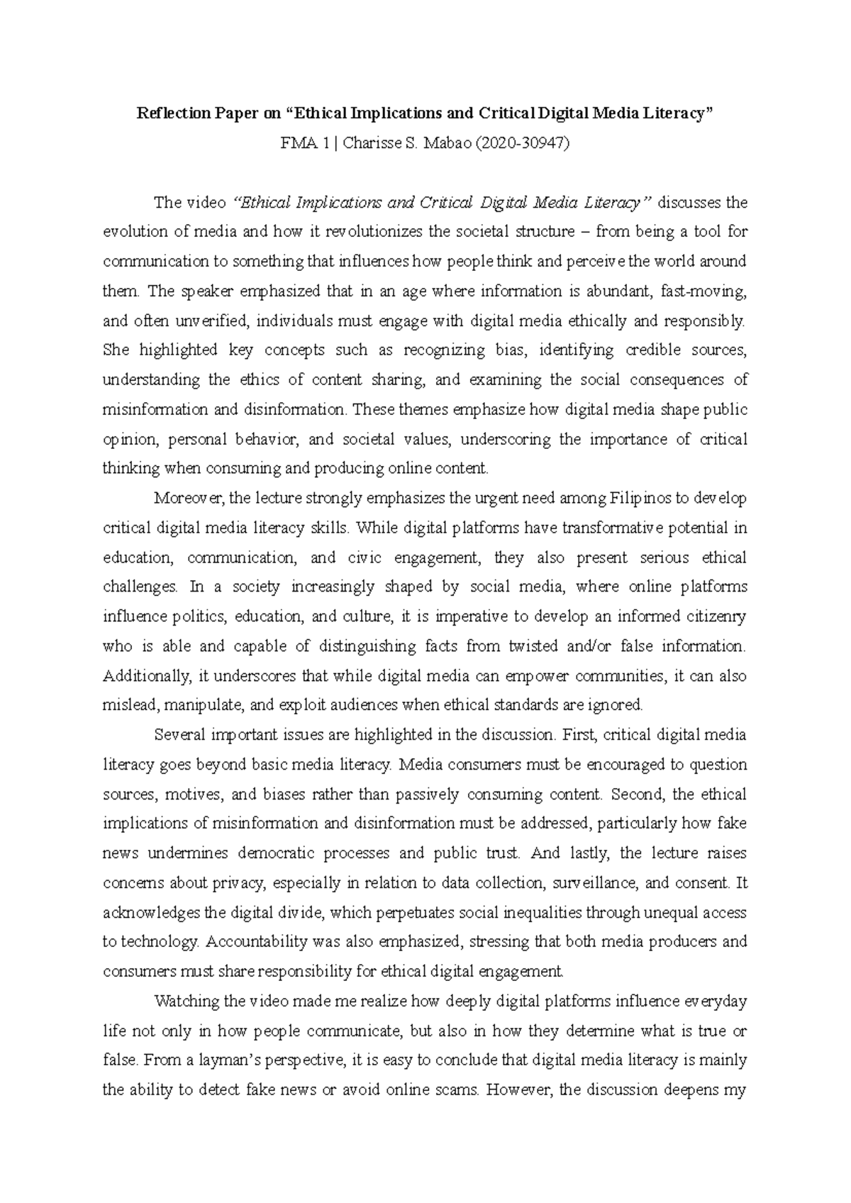 Reflection Paper on Critical Digital Media Implications FMA 1 - Studocu