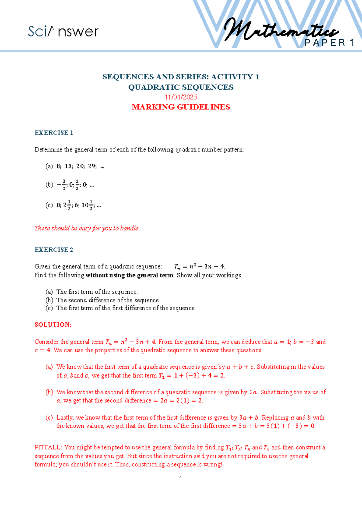 Quadratic Sequences Homework Marking Guidelines (MATH 101) - Studocu