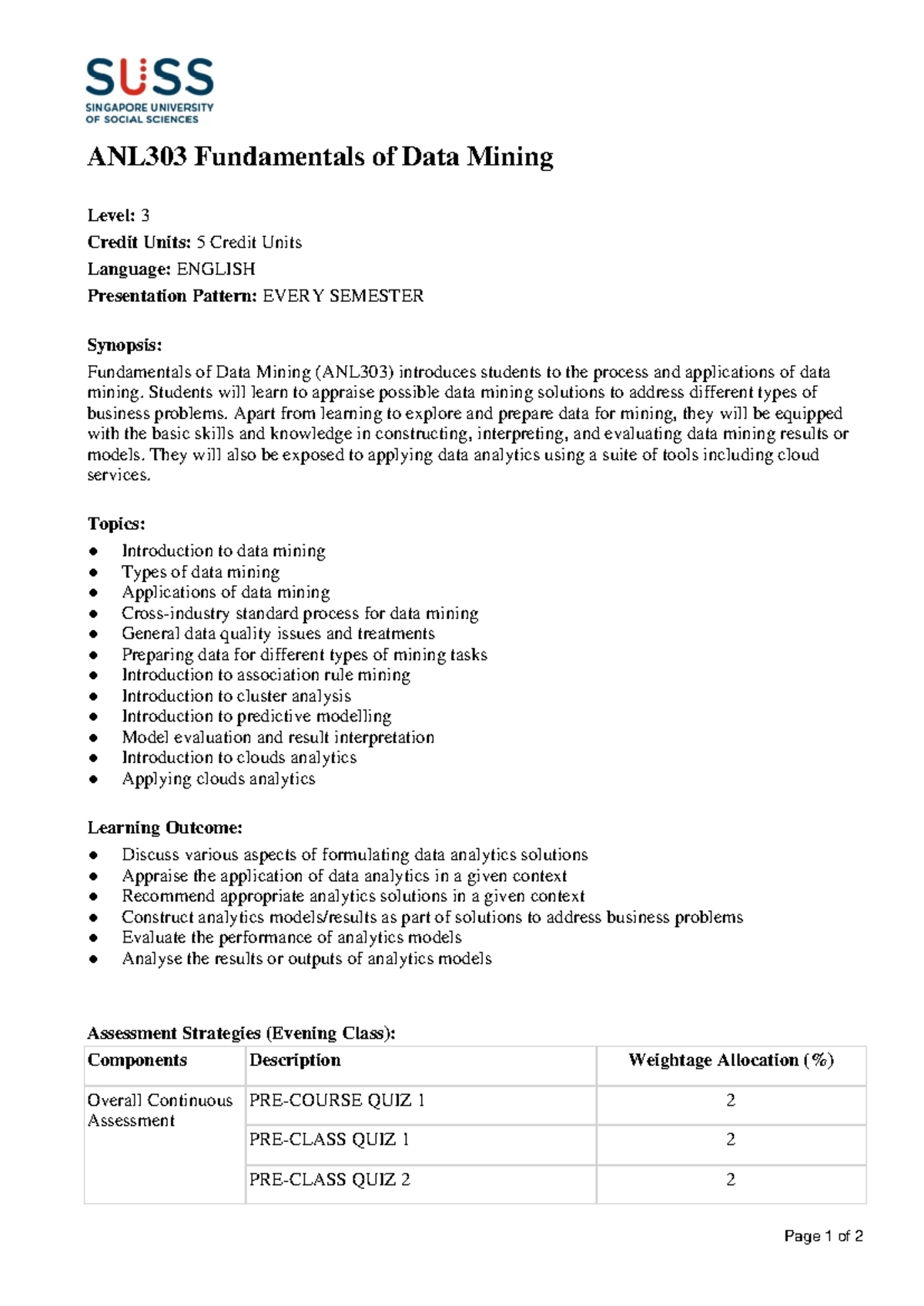 ANL303 - wwww - ANL303 Fundamentals of Data Mining Level: 3 Credit ...