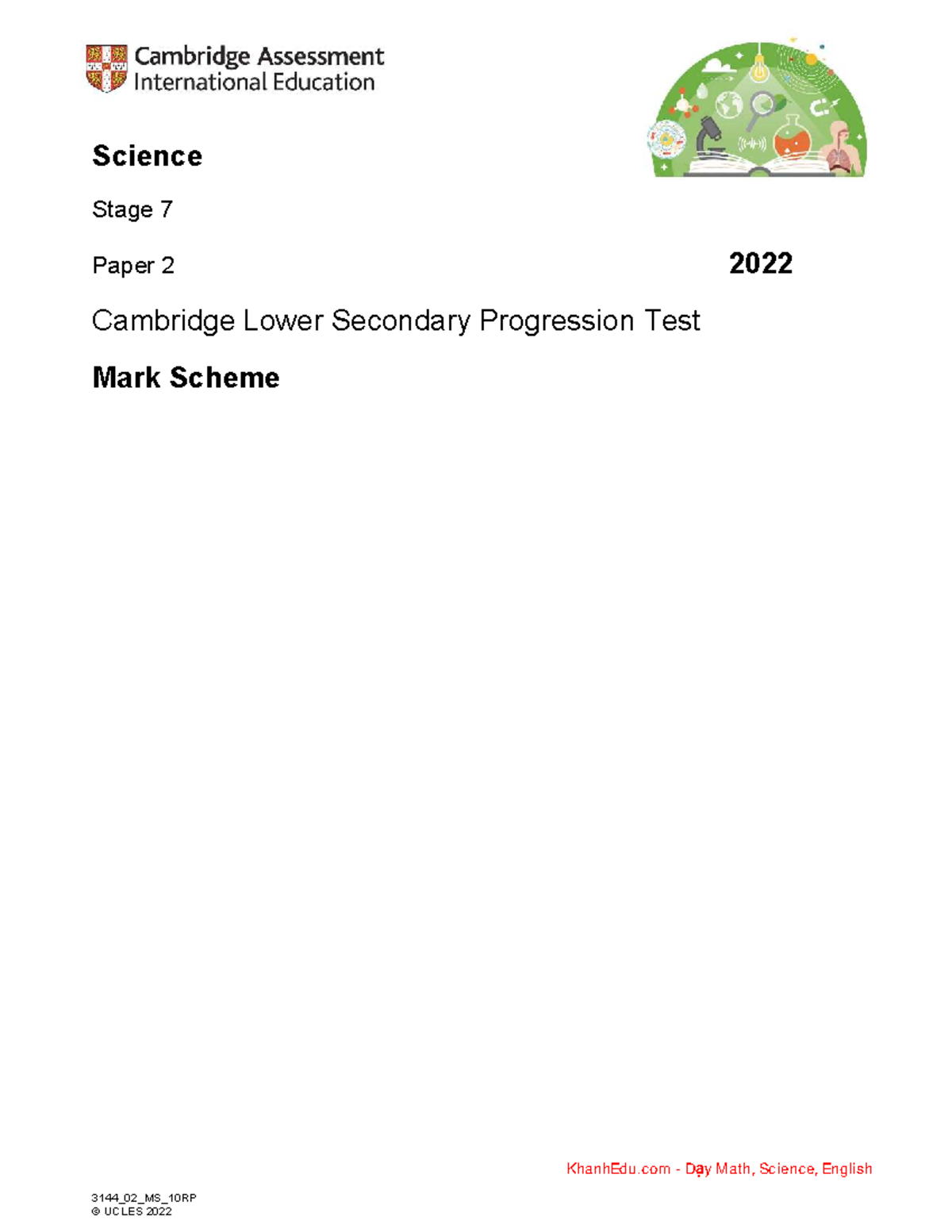 Science Stage 7 2022 Paper 2 Progression Test Mark Scheme - Studocu