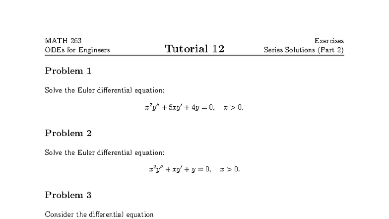 MATH 263 ODEs for Engineers Tutorial 12 Exercises Solutions - Studocu