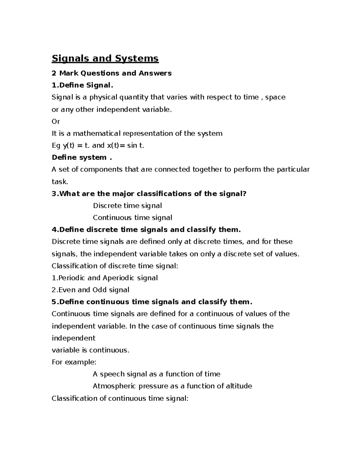 257105734 S S FOUR - Signals and Systems 2 Mark Q&A Notes - Studocu