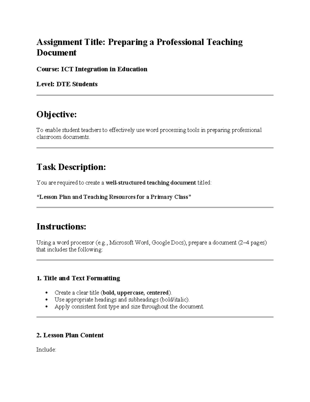 Assignment: Preparing a Teaching Document for ICT Integration in ...