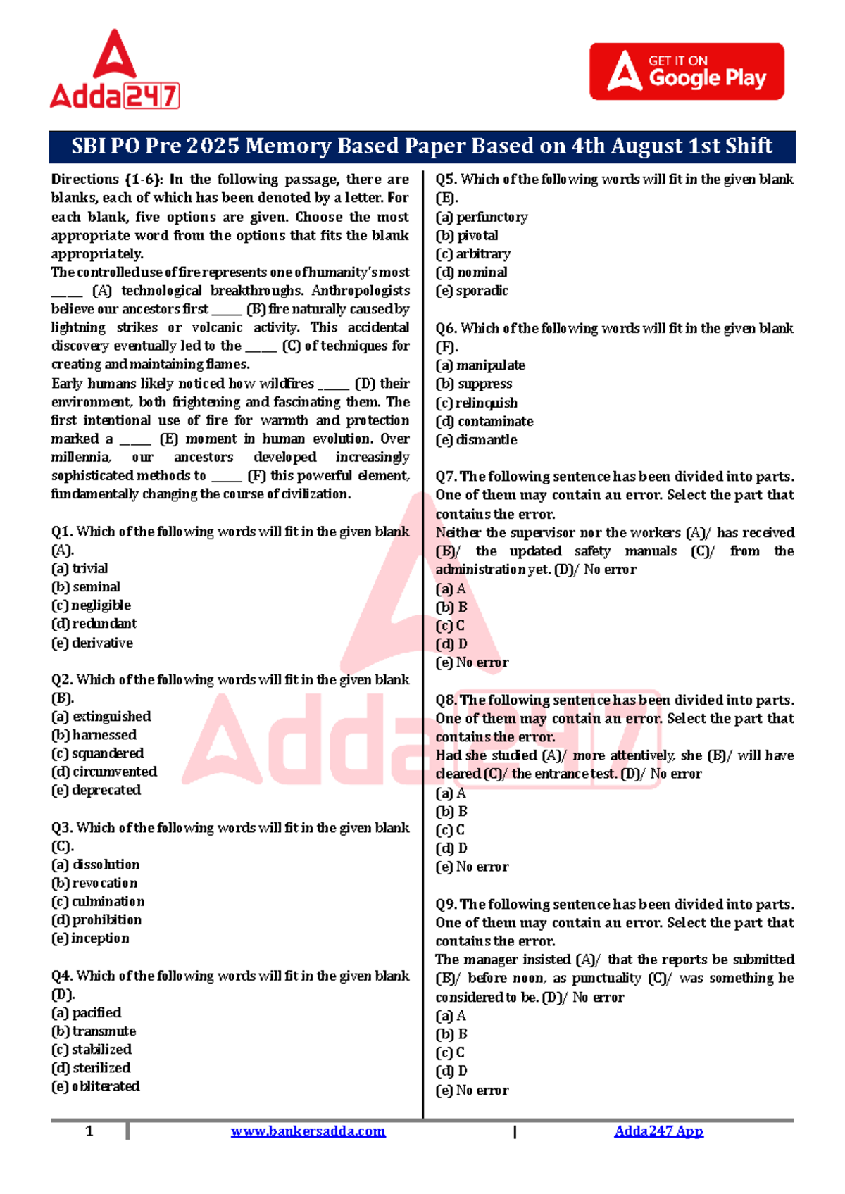 SBI PO Pre 2025 Memory Based Paper - 4th August 1st Shift Analysis ...