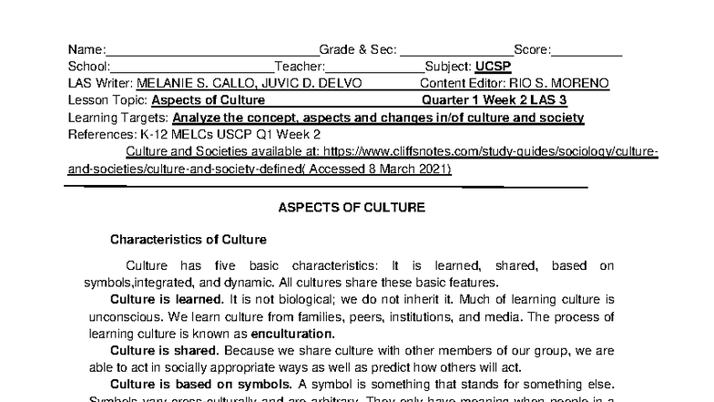 UCSP 11 Q1 Week 2 LAS 3: Aspects of Culture and Society - Studocu