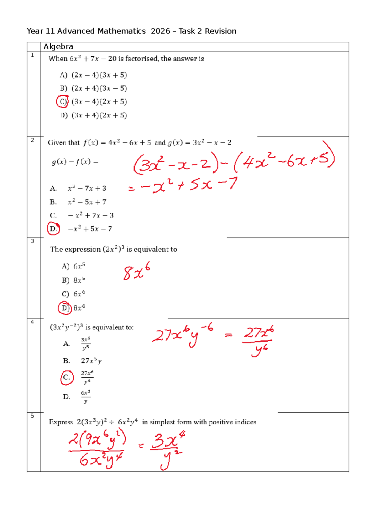 Yr11 Adv Math 2026 Task 2 Revision - Quadratics & Functions Solutions ...