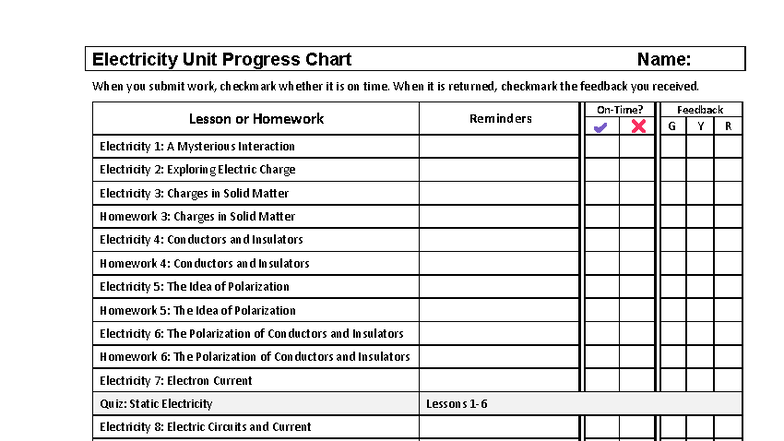 Electricity Unit Progress Chart: Tracking Homework & Feedback - Studocu