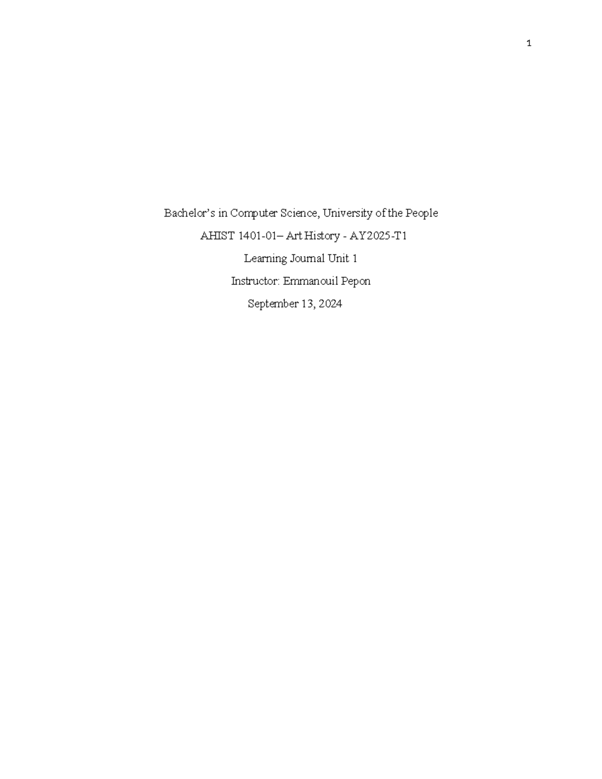 AHIST 1401-01: Learning Journal for Unit 1 - Art History Insights - Studocu