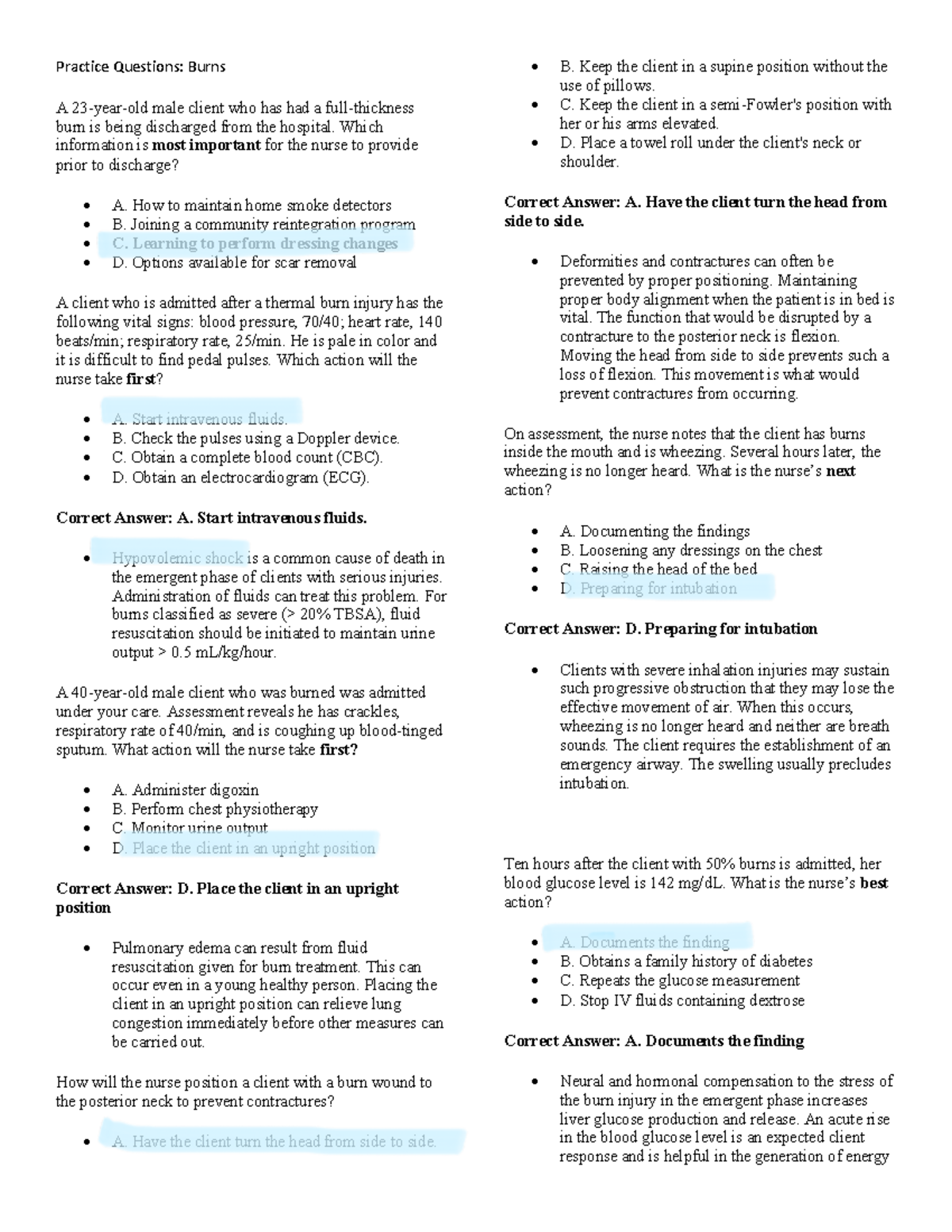 Burns and Inhalation Injury Practice Exam Questions (NURS 301) - Studocu