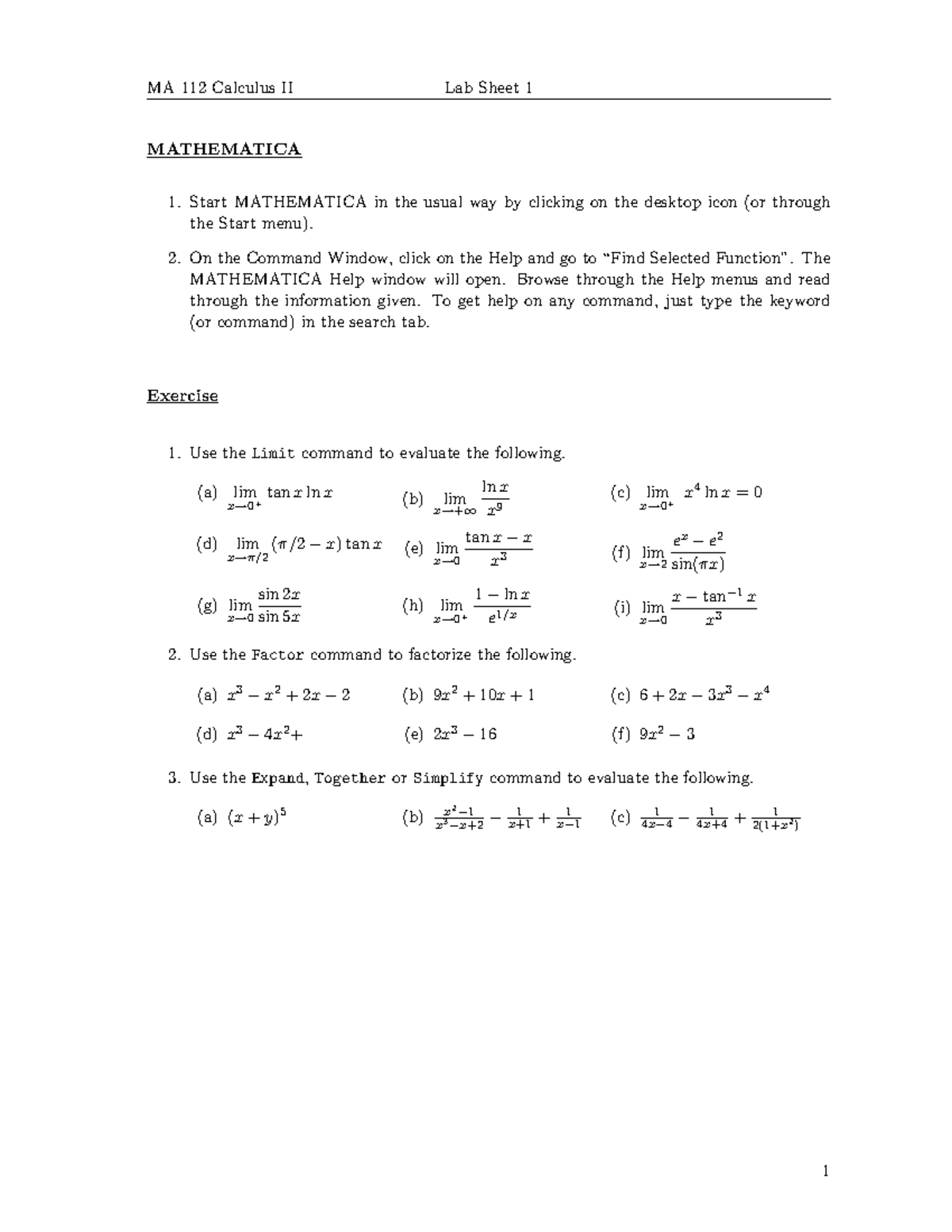 MA 112 - Calculus II Lab 1: MATHEMATICA Exercises and Examples - Studocu