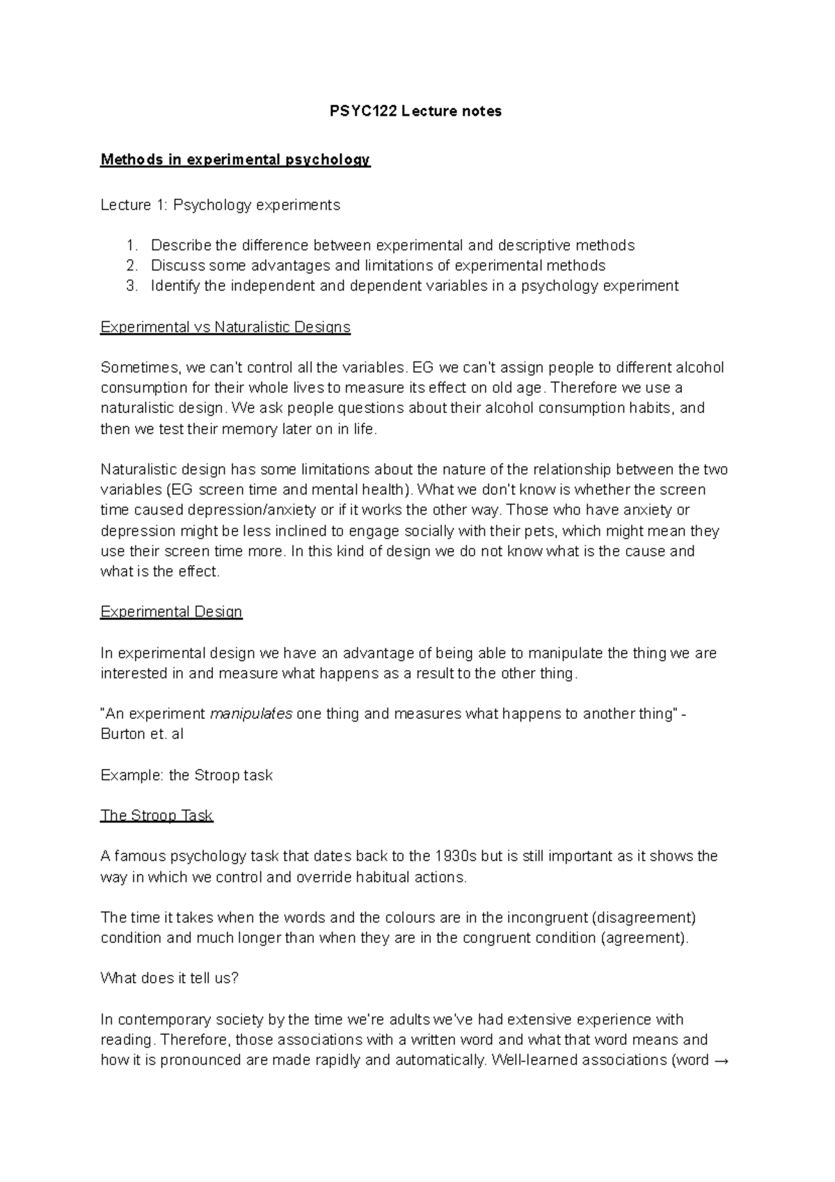 PSYC122 Lecture Notes: Experimental Psychology Methods & Designs - Studocu