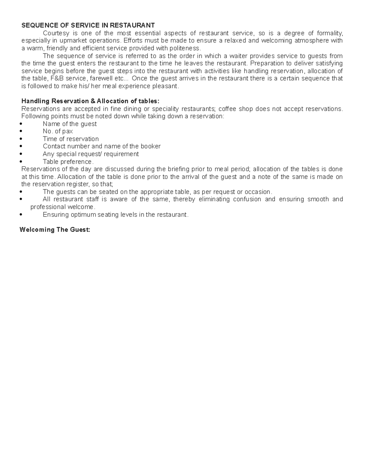 Sequence of Service in Restaurants: Best Practices and Guidelines - Studocu