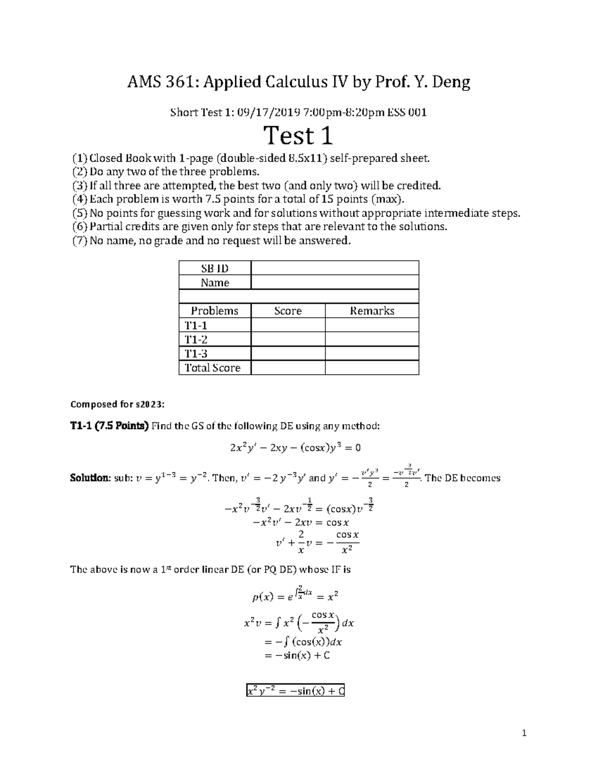 AMS 361: Applied Calculus IV - Test 1 Fall 2019 Solutions - Studocu