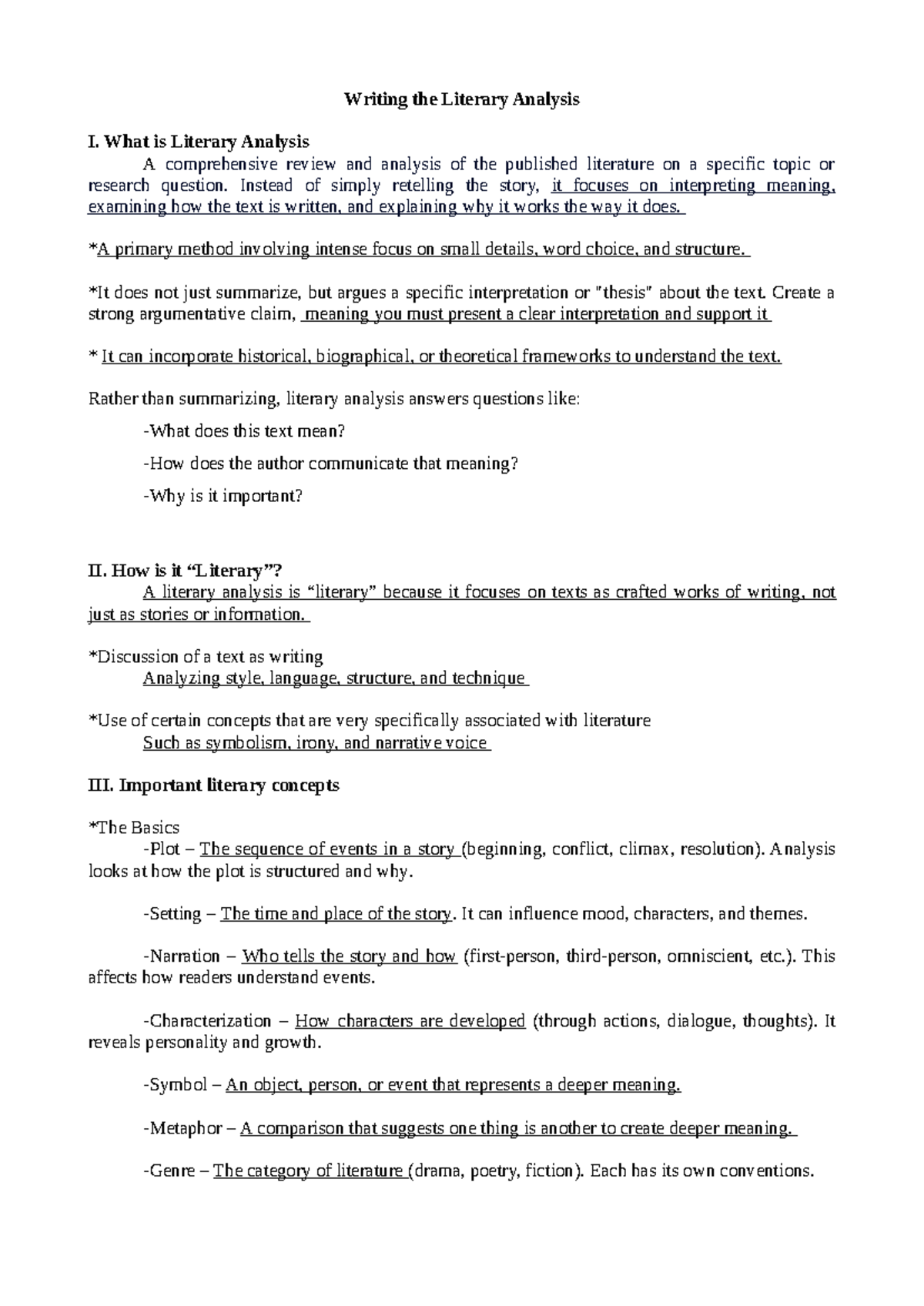 Literary Analysis Overview: Key Concepts and Techniques - Studocu