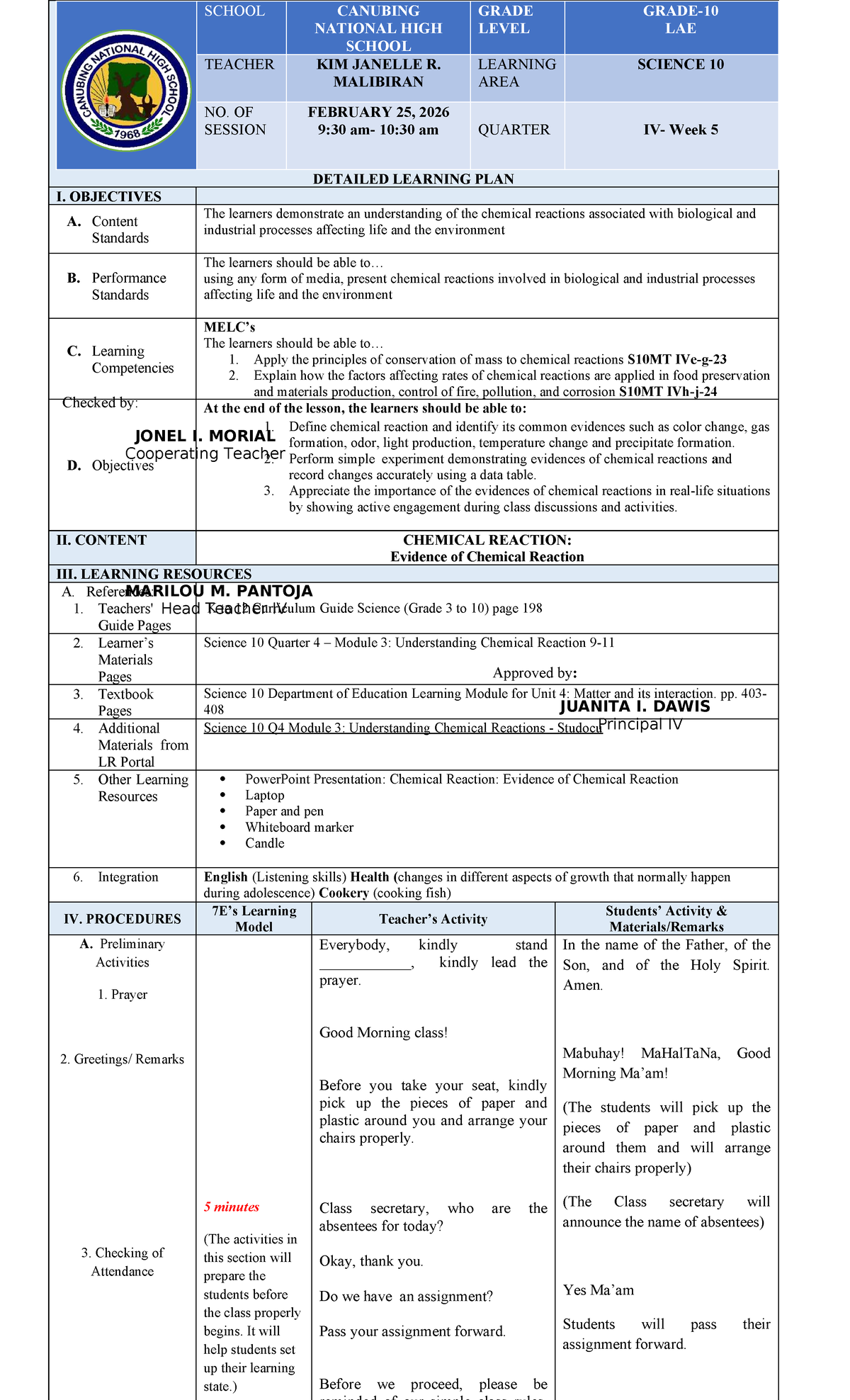 Detailed Learning Plan for Science 10: Chemical Reactions (S10MT) - Studocu