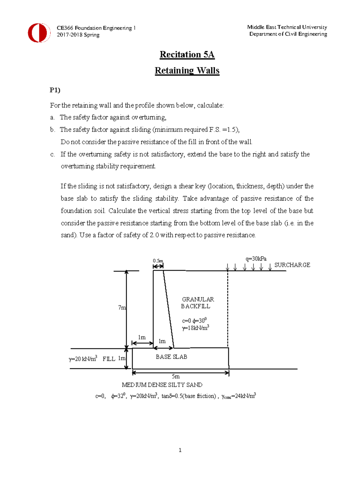 CE366 Spring 2017-2018 Retaining Walls Stability Analysis and Design ...