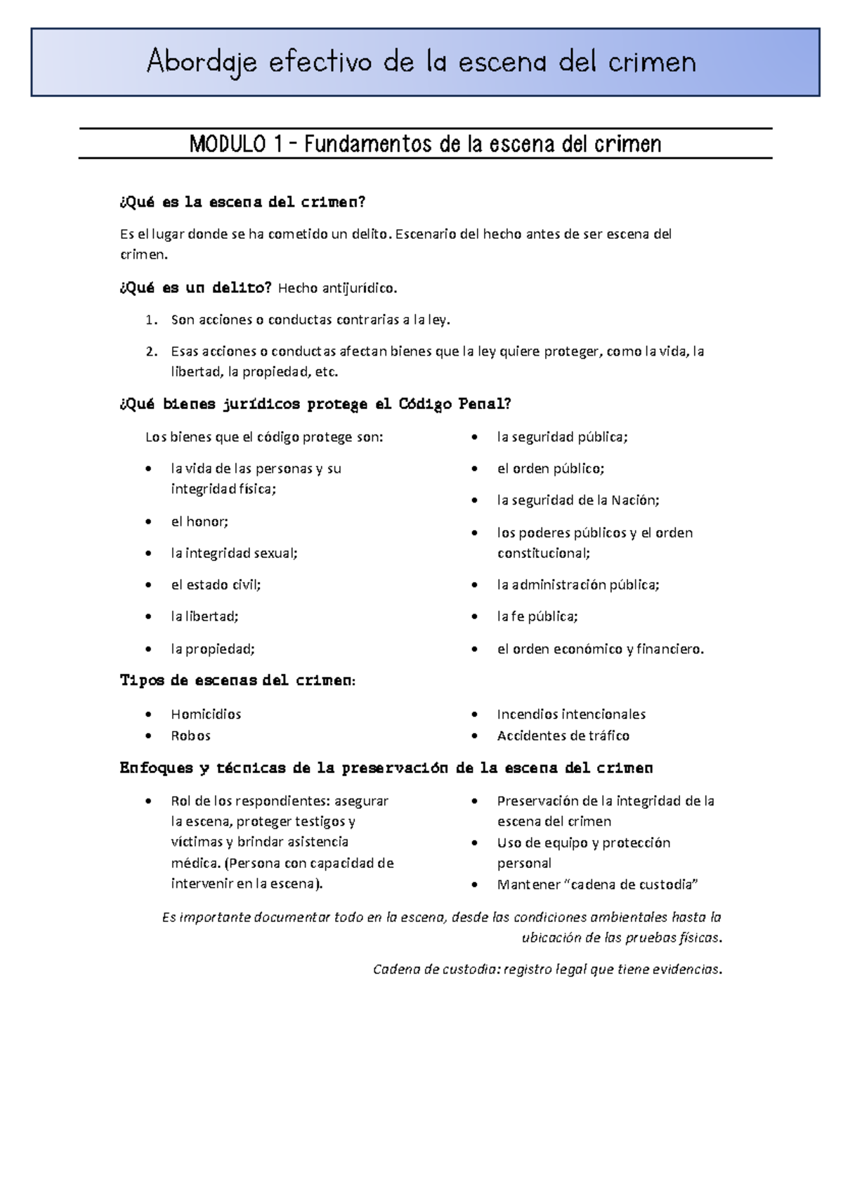 Abordaje de la escena del crimen - Módulo 1 a 9 Resumen - Studocu