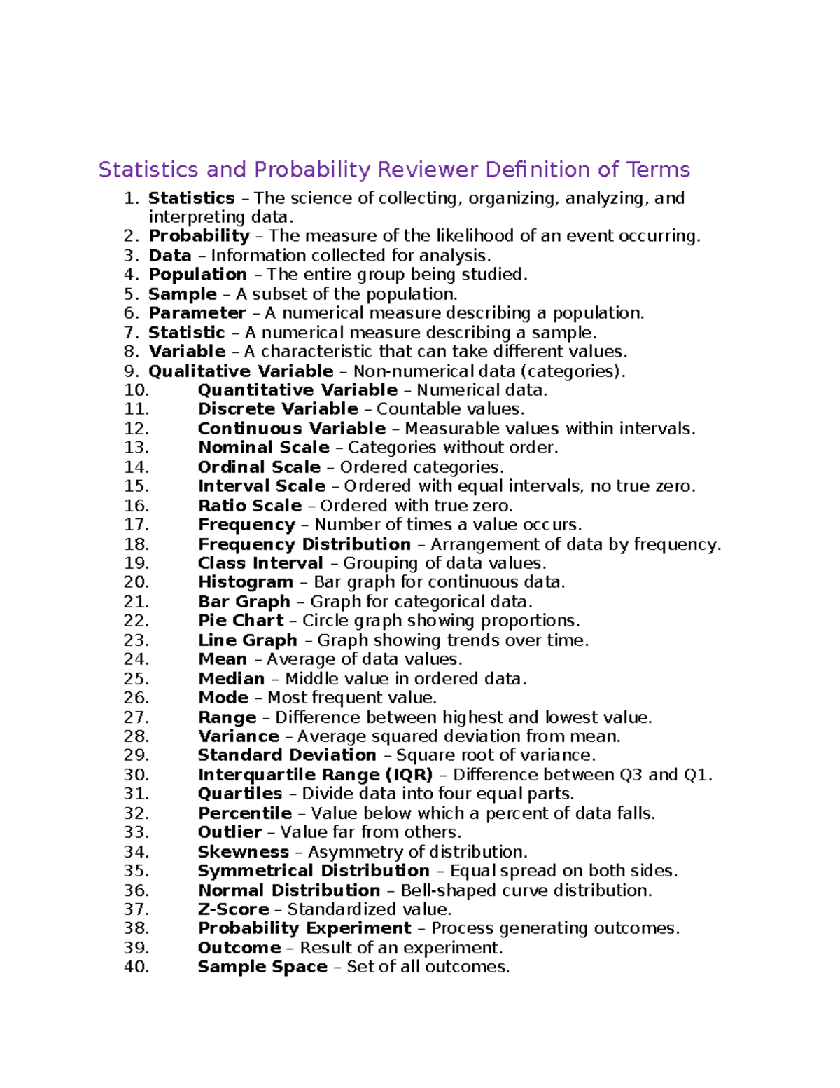 Statistics and Probability Basic Knowledge Review (SP101) - Studocu