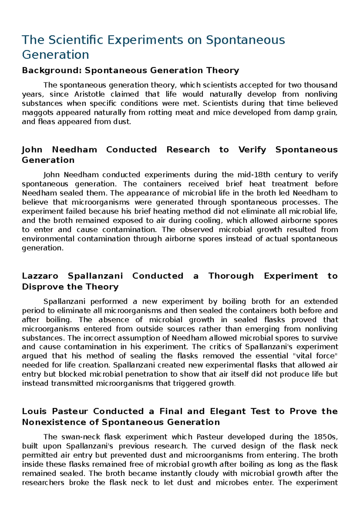 The Scientific Experiments on Spontaneous Generation: A Historical ...