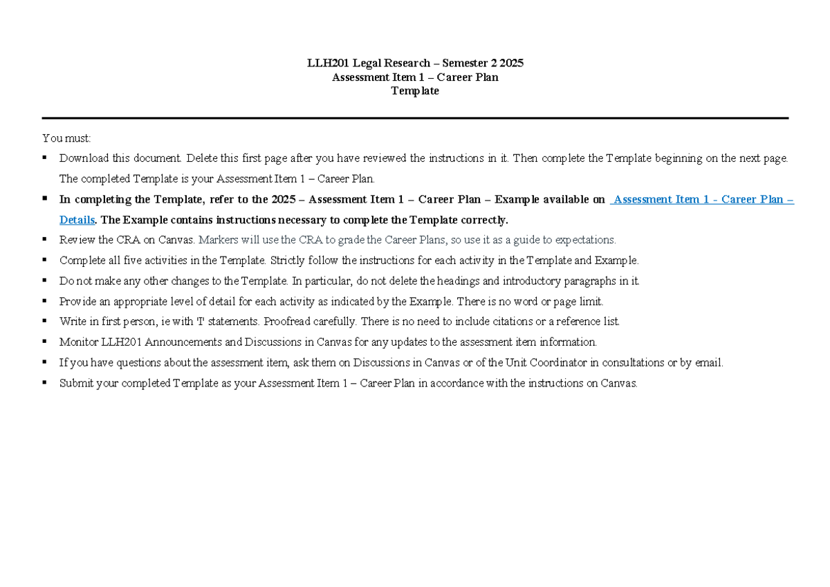 LLH201 2025 Assessment Item 1: Career Plan Template Guide - Studocu