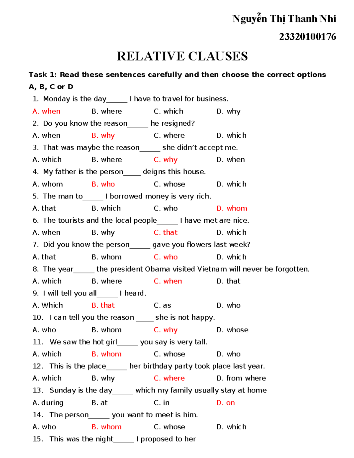 Relative Clauses - Task 1 to 5 Exercises and Answers (23320100176 ...