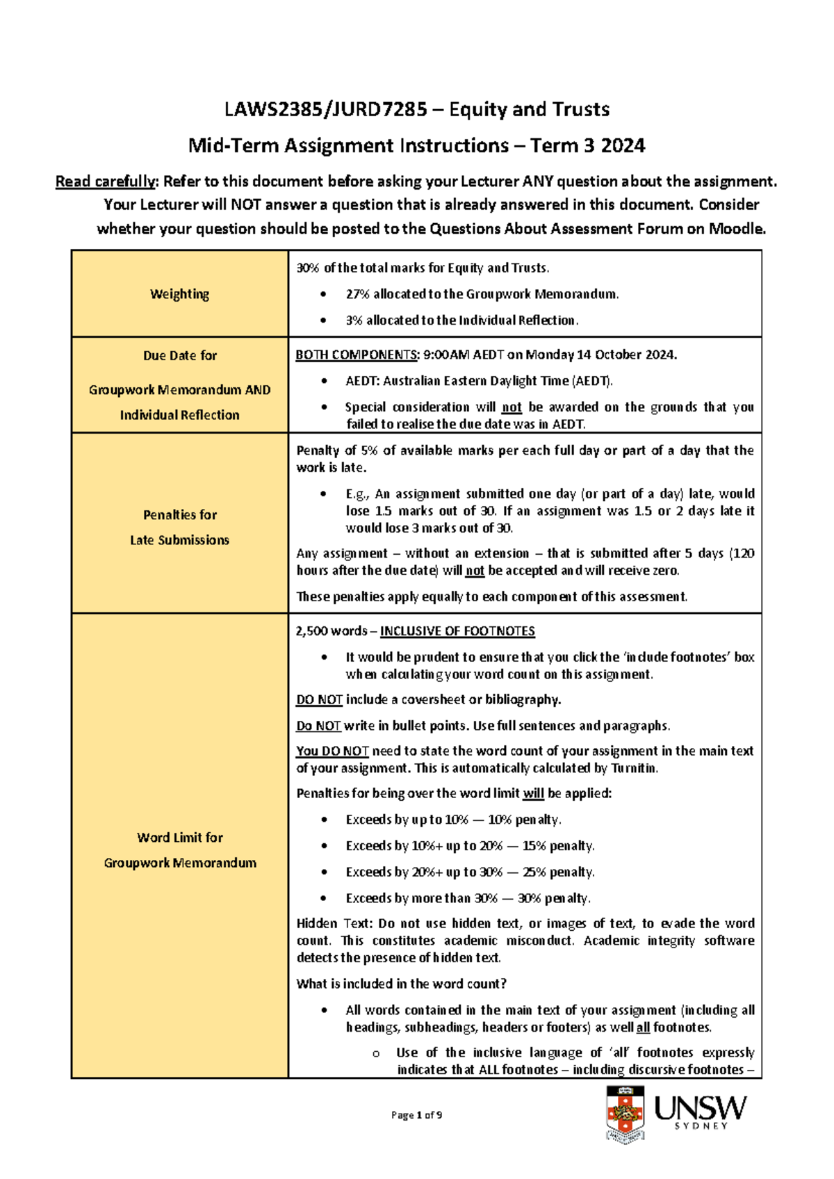 T3 2024 Mid Term Assignment Instructions and Question - LAWS2385 ...