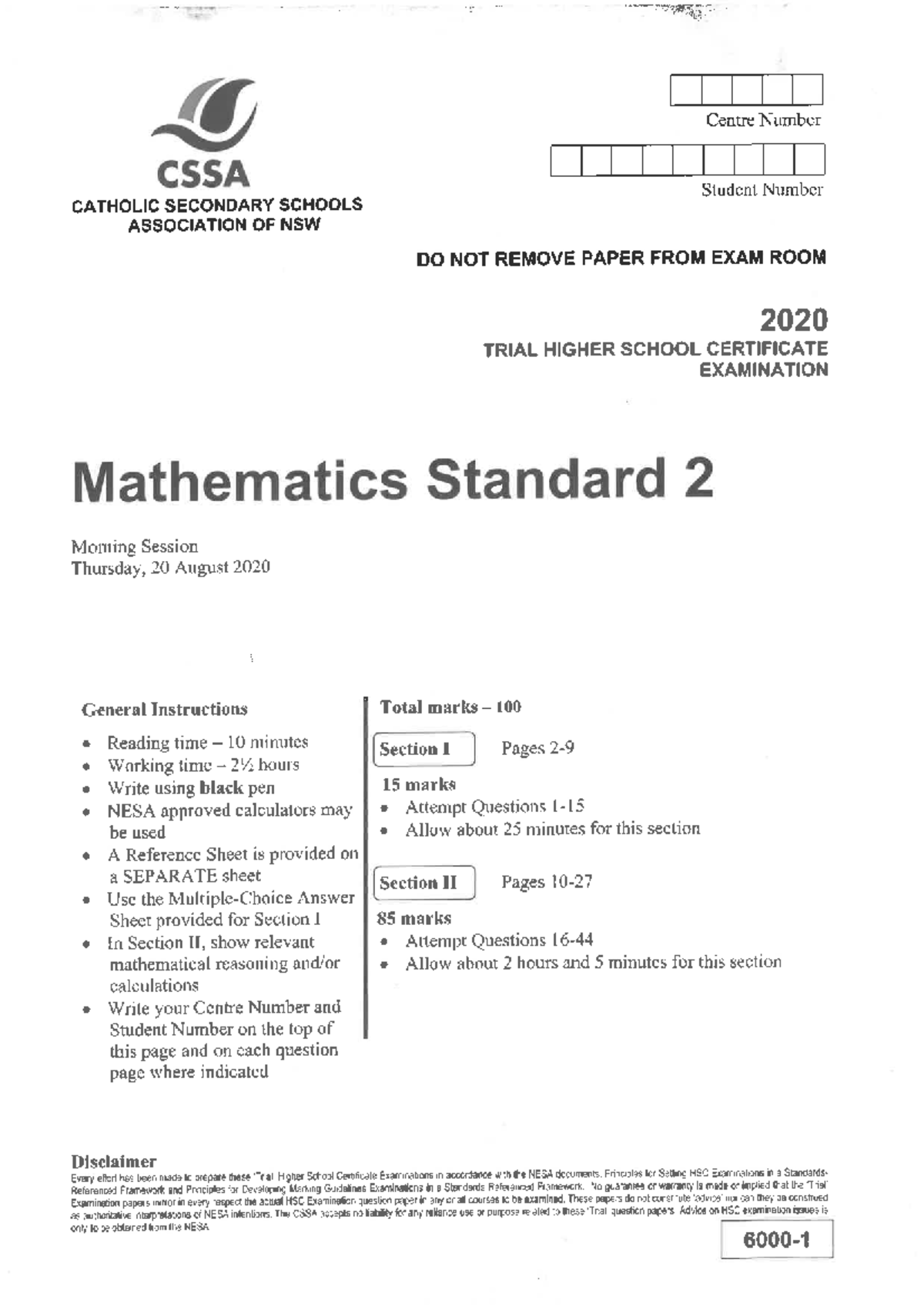 2020 CSSA Trial HSC Mathematics Standard 2 Exam Paper - Studocu