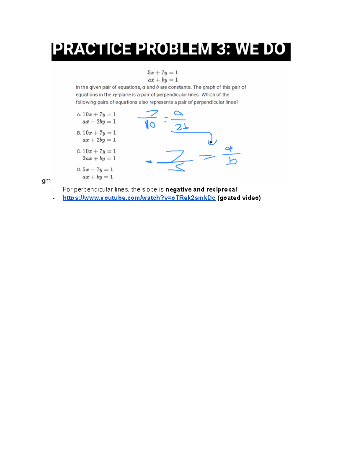 SAT missed questions (math) - gm - For perpendicular lines, the slope ...