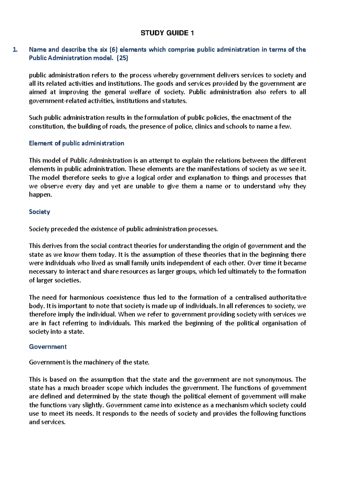 Study Guide 1: Key Concepts of Public Administration (Course Code: 1 2 ...