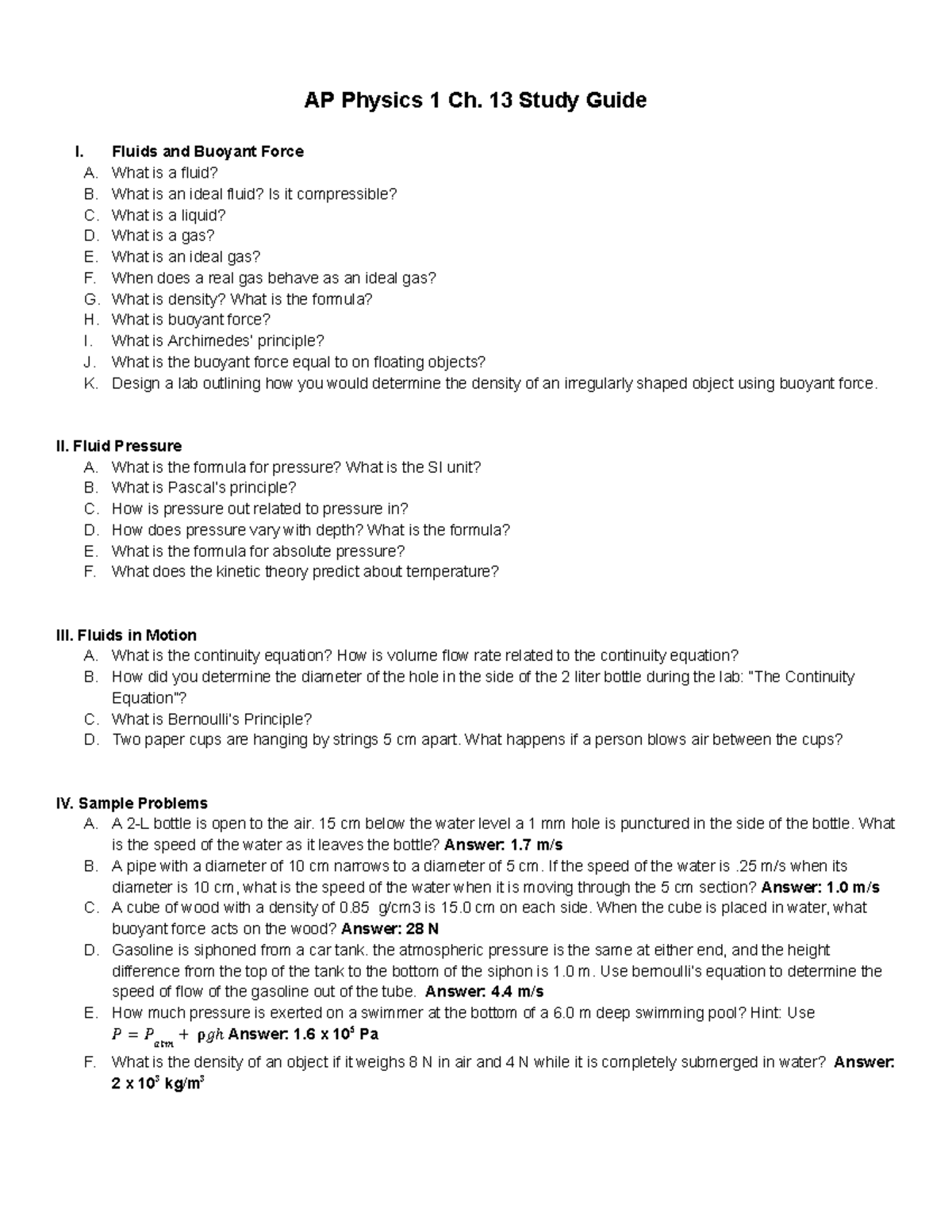 AP Physics 1 Ch. 13 Study Guide: Fluids - Studocu