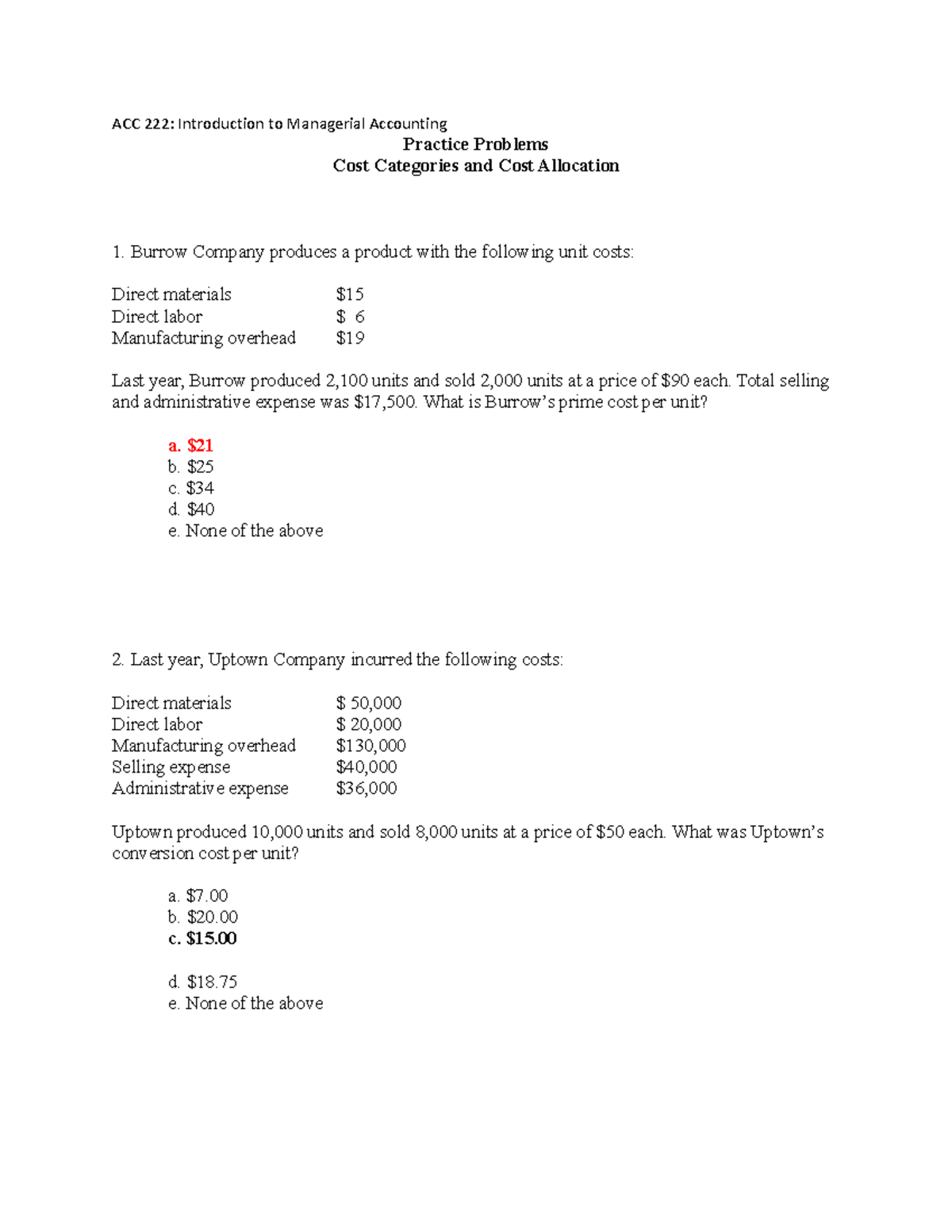 ACC 222: Week 2 Managerial Accounting Practice Problems - Studocu