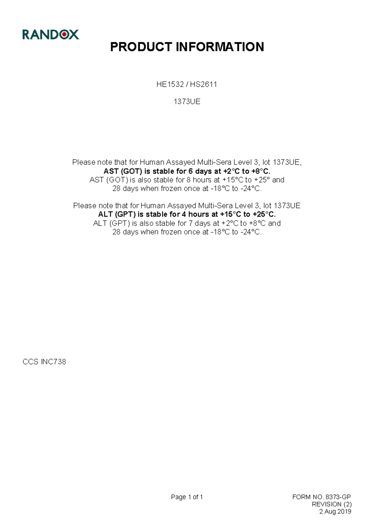 Assayed Human Sera Level 3 (HUM ASY CONTROL 3) - Lot 1373UE - Studocu