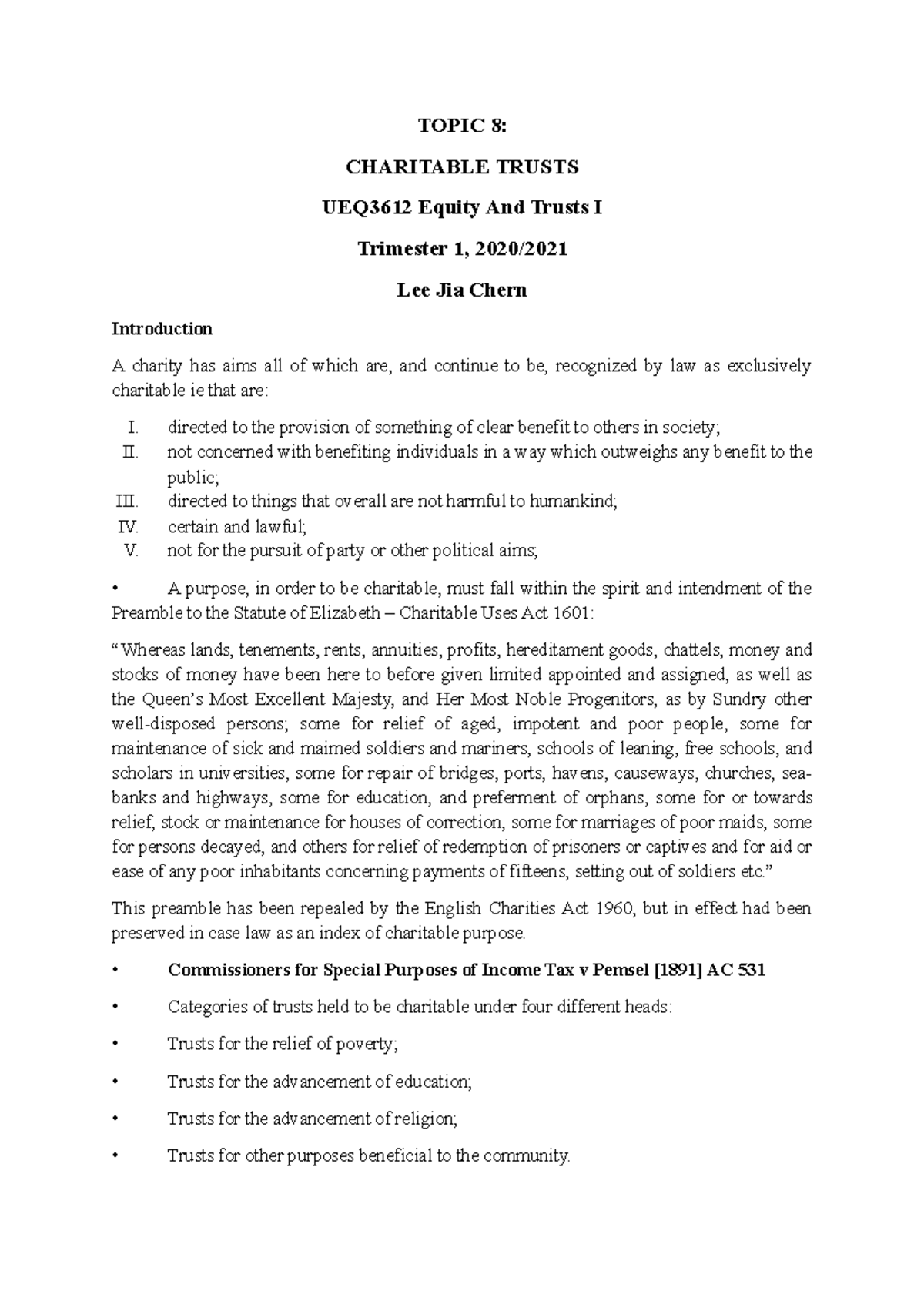 Topic 8: Overview of Charitable Trusts - UEQ3612 Equity And Trusts I ...