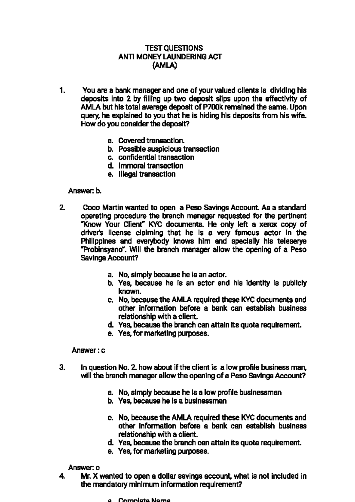 AMLA MCQs for Anti-Money Laundering Act (AMLA) Review - Studocu