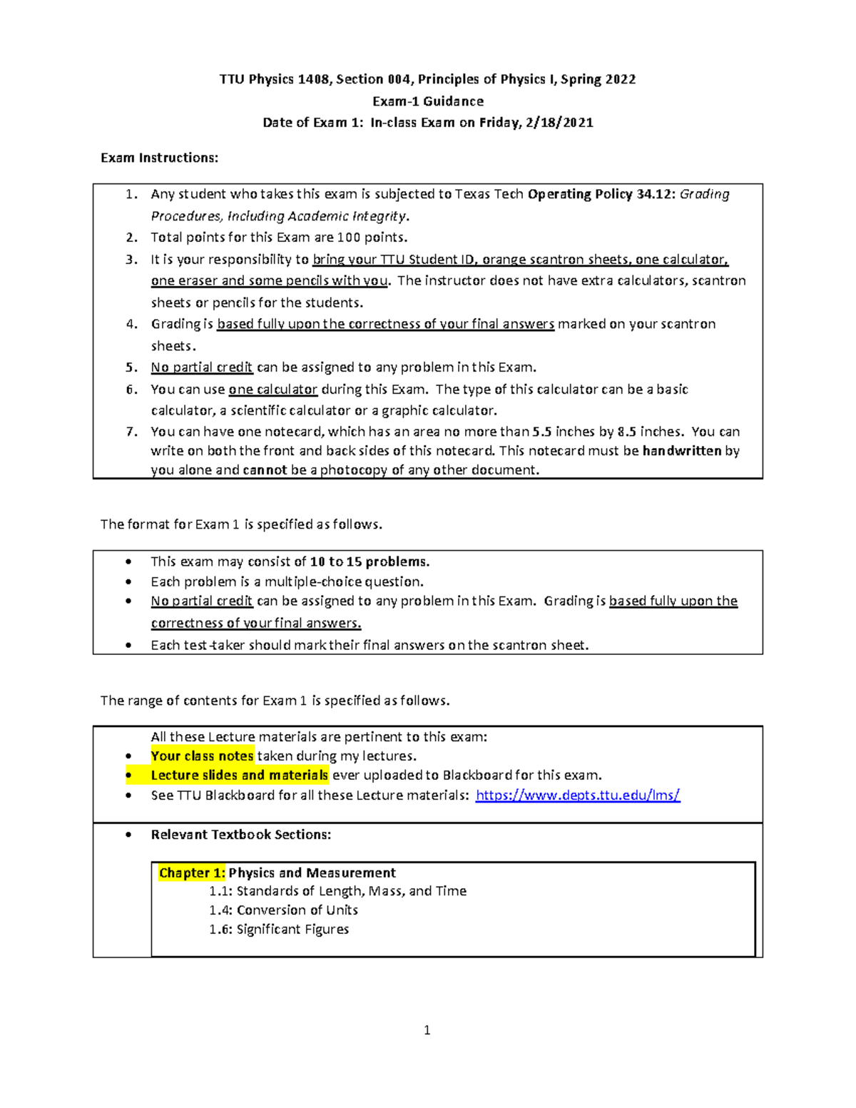 Phys 1408 TTU Exam 1 Study Guide - Principles of Physics I - Studocu
