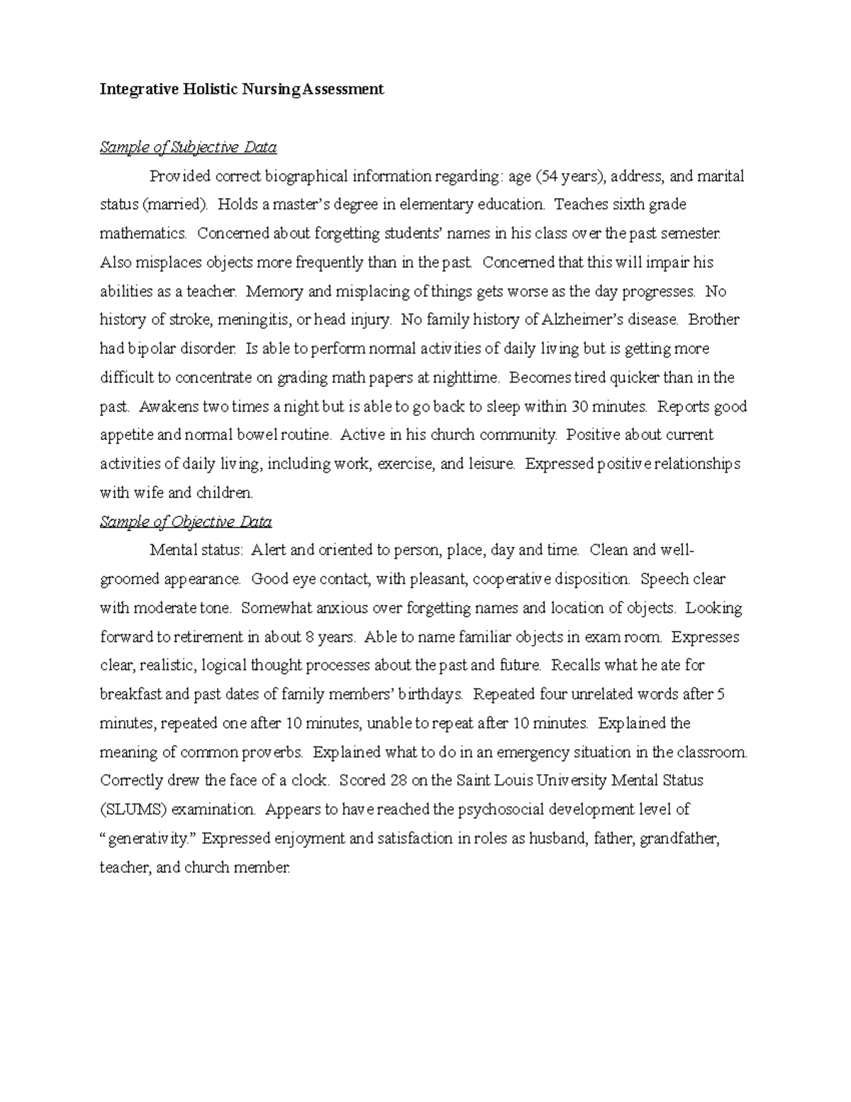 Sample Subjective & Objective Data for Nursing Assessment - NUR 2504 ...