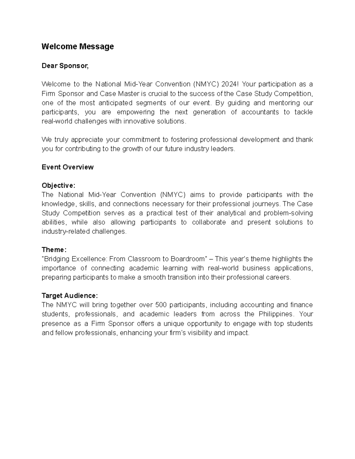 Case study - Notes - Welcome Message Dear Sponsor, Welcome to the ...
