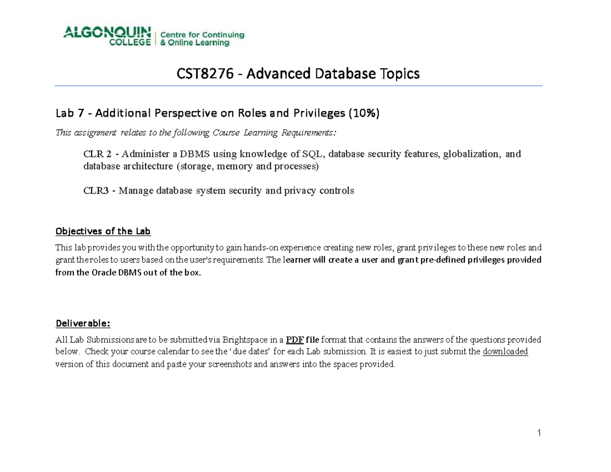 CST8276 Lab 7: Exploring Roles and Privileges in Databases - Studocu