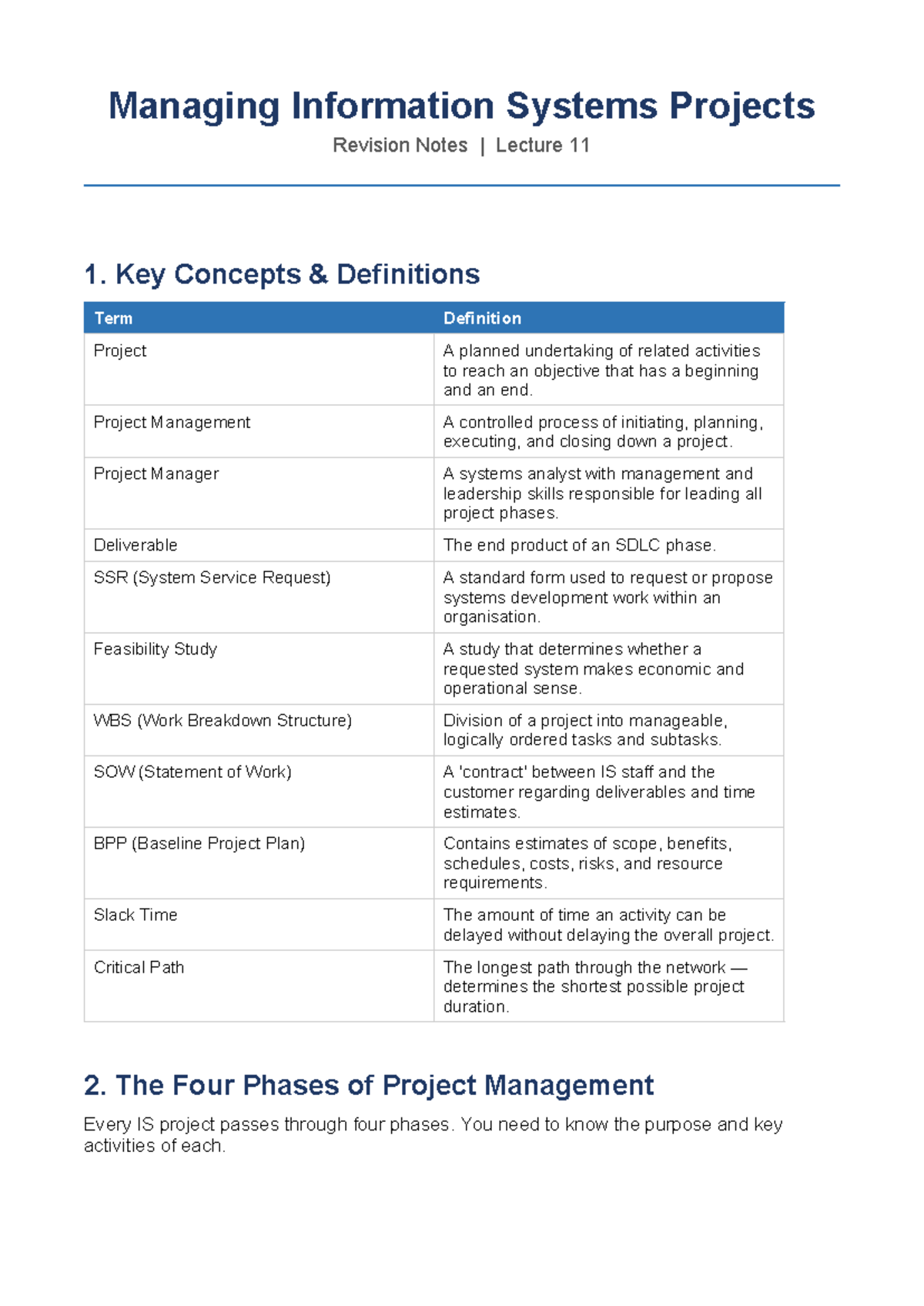 Managing Information Systems Projects Revision Notes - Lecture 11 - Studocu